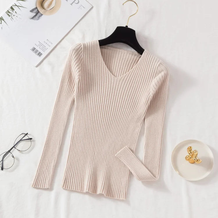 2026 Casual Long Sleeve Knitted V Neck Pullover Autumn Winter Women Sweaters Femme Basic Solid Jersey Tops Fashion Clothes