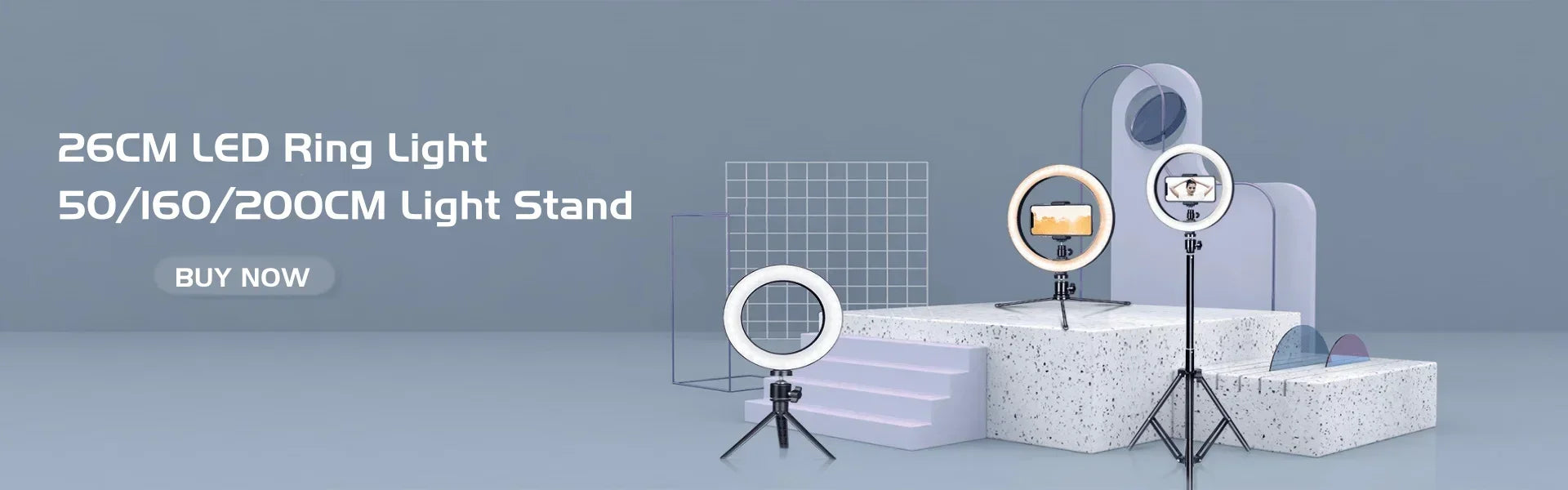 26cm LED ring light with phone mount on adjustable tripod stands, used for photography and video lighting.