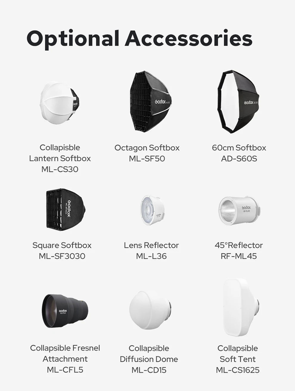 Grid of nine studio lighting accessories: softboxes, reflectors, diffusers, and a fresnel lens for photography.