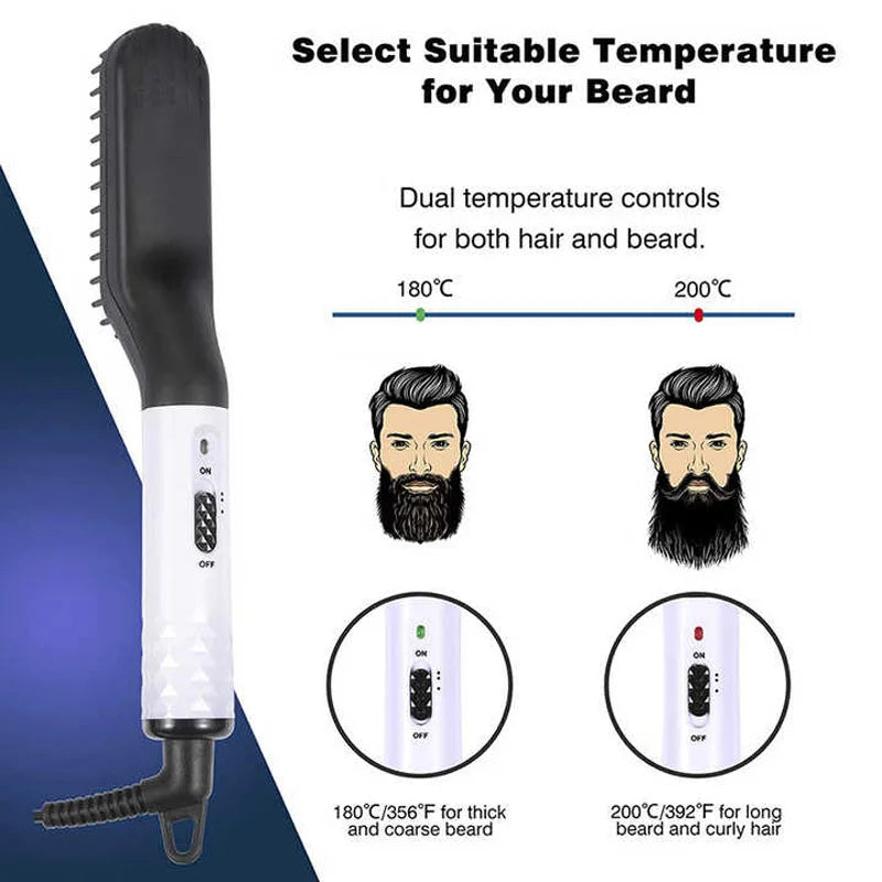 Portable black and white electric beard straightener comb with dual heat settings for hair and beard grooming.
