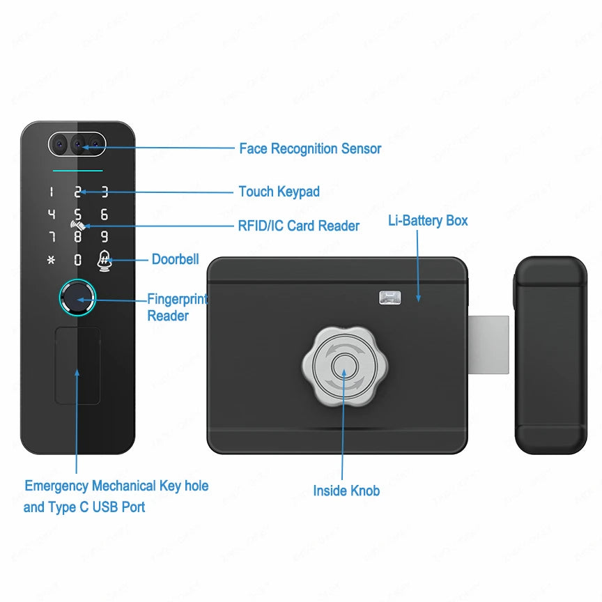 Smart WiFi Door Lock Waterproof Tuya Face Recognition Fingerprint RFID Card Password APP Control Rechargeable Li-Battery Include
