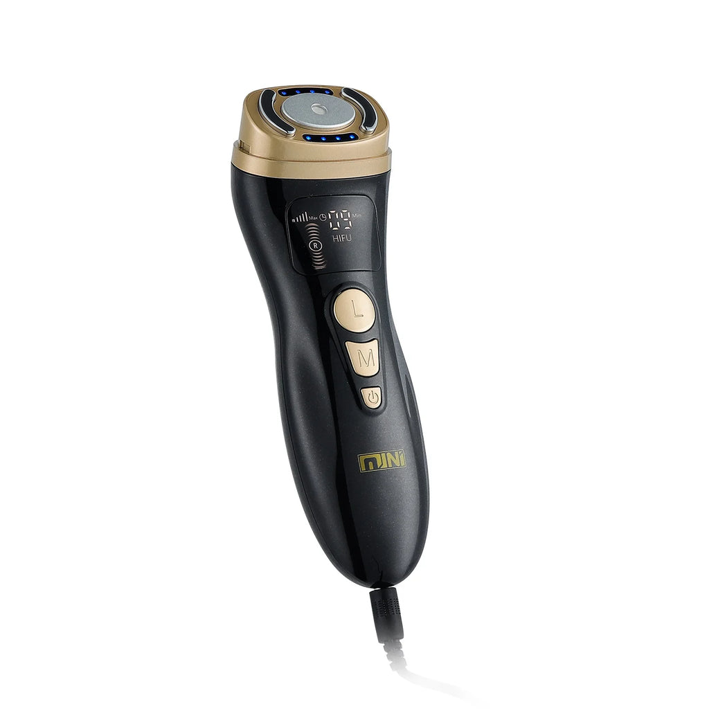 Black and gold mini HIFU facial device with a digital display, control buttons, and a cord, isolated on white.