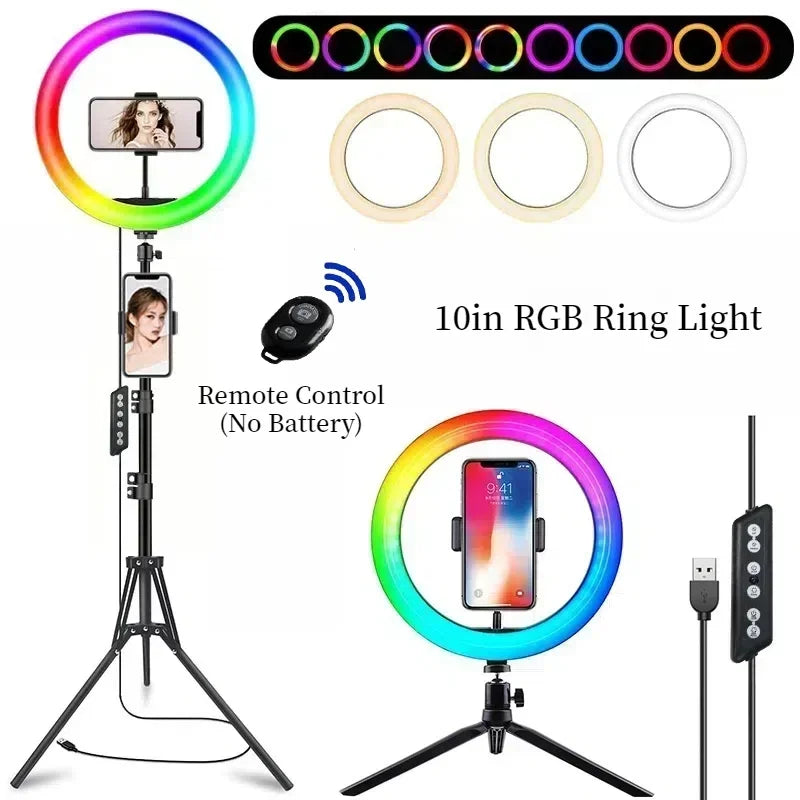 10-inch RGB ring light on a tripod stand with a phone holder, remote control, and USB power cable for photography.