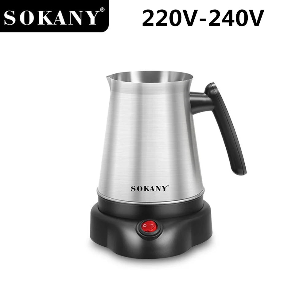 Sokany stainless steel electric Turkish coffee maker with black handle and base, 220V-240V power.