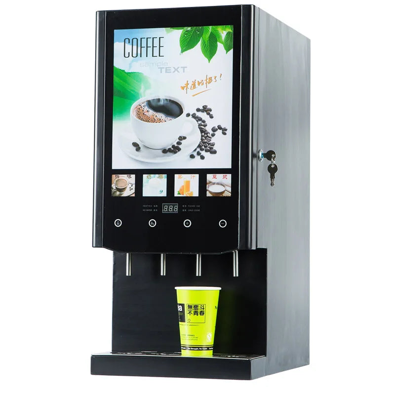 Black commercial coffee and tea vending machine with digital touchscreen display and four dispensing nozzles.