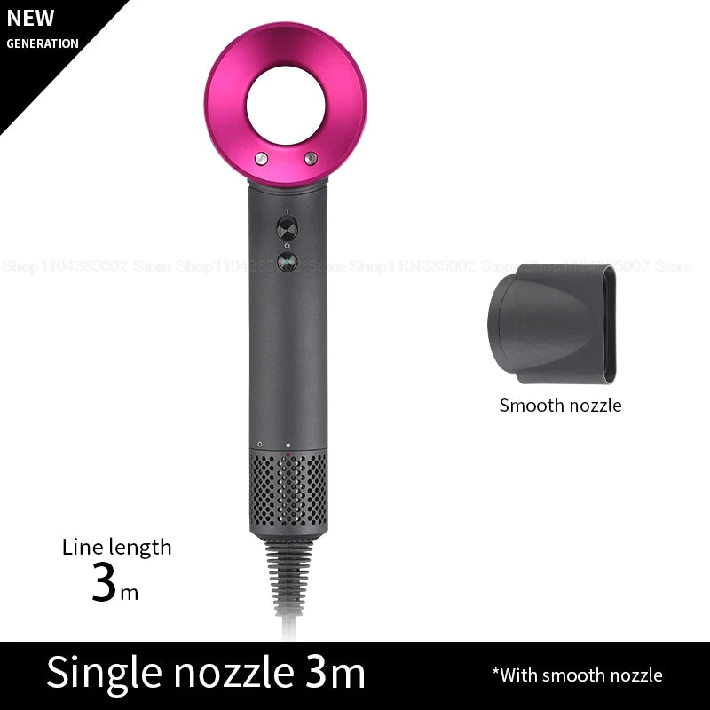 Professional leafless negative ion hair dryer in pink and grey with smooth nozzle attachment and 3m power cord.