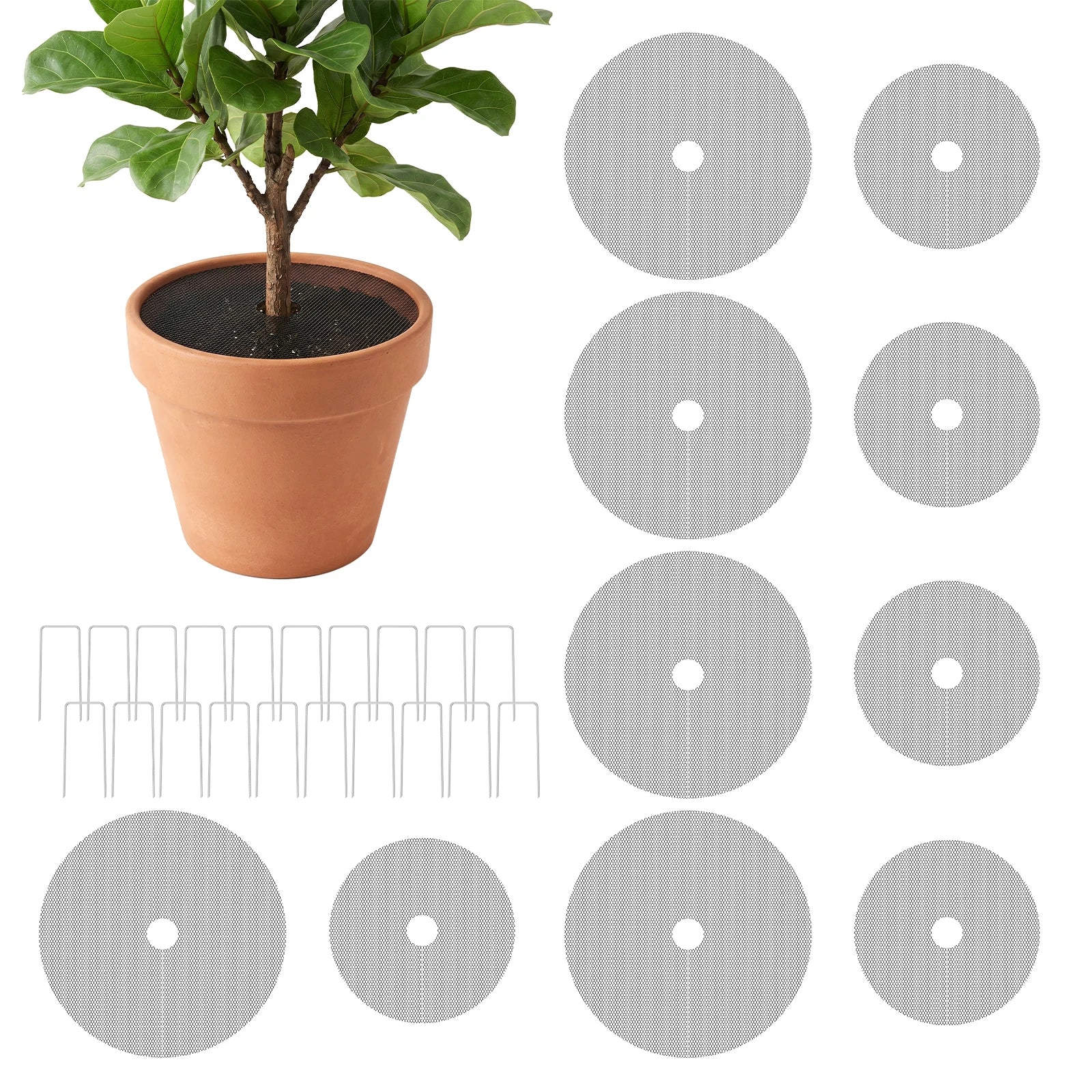 10Pcs Flower Pot Grid 30cm 40cm Planter Pot Soil Protector Cover with 20 Metal Ground Stake Indoor Outdoor Gardening Accessories