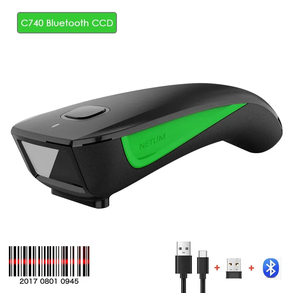 NETUM C740 Bluetooth CCD scanner, black with green panel, includes USB accessories