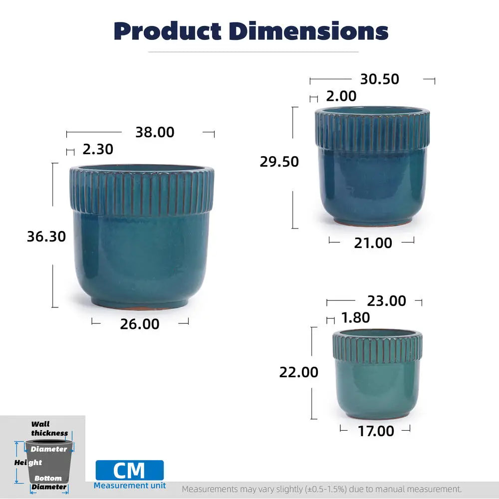 Handmade Ceramic Plant Pot Set Of 3, Glossy Turquoise Blue With Vertical Ribbed Rim, Breathable Design With Drainage Holes For Indoor Outdoor Garden Balcony