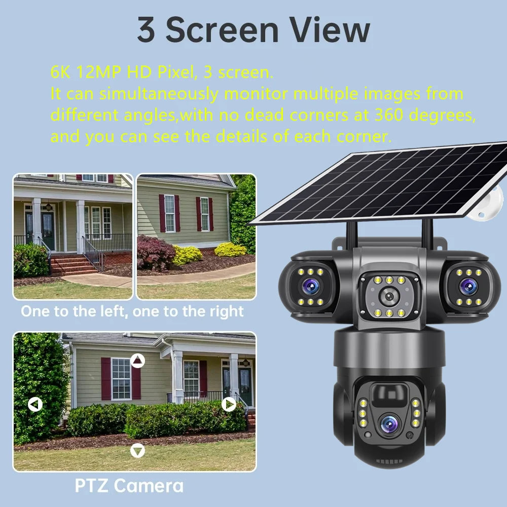 V380 Solar 4G IP Camera Outdoor 12MP 6K Triple Lenses Triple Screens Security Video Monitor Night Vision Waterproof CCTV Cameras
