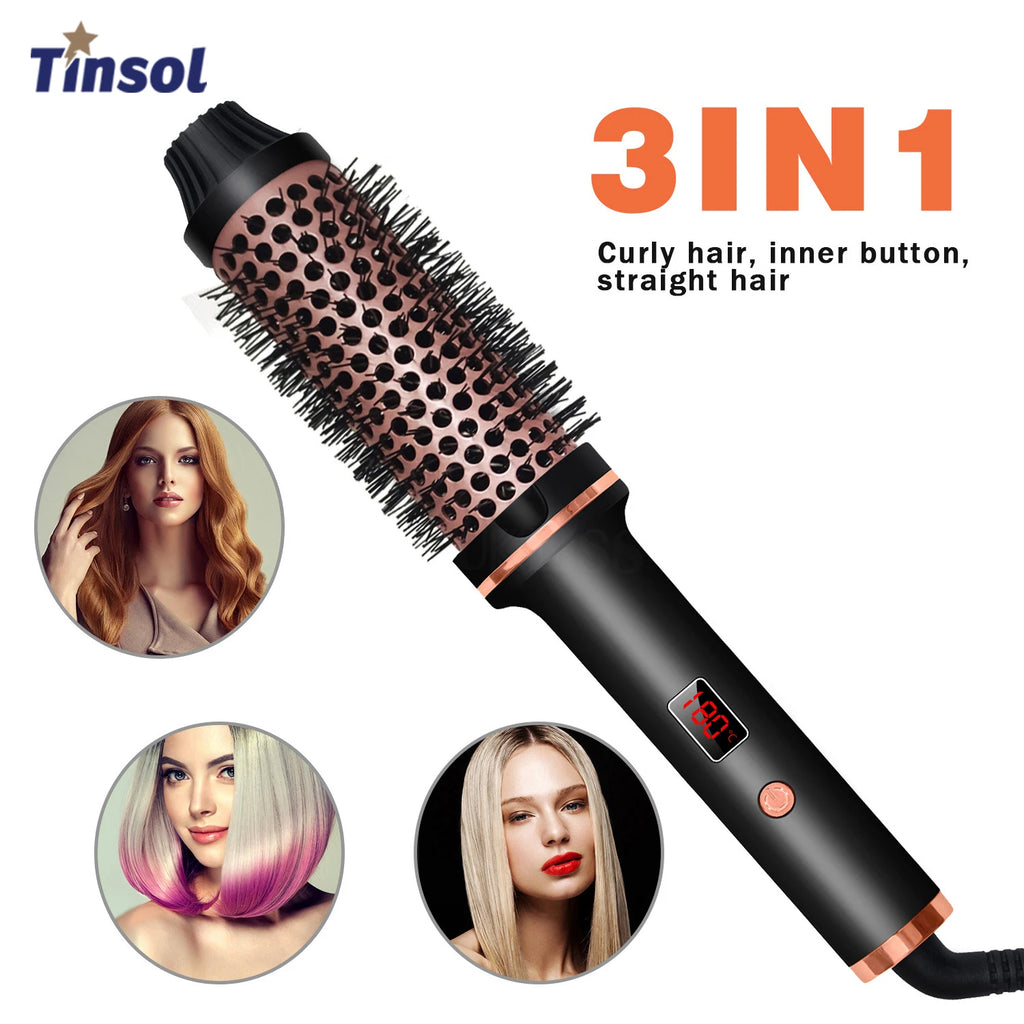 TINSOL 3-in-1 rose gold ion hot air brush for curling and straightening hair with digital temperature display.