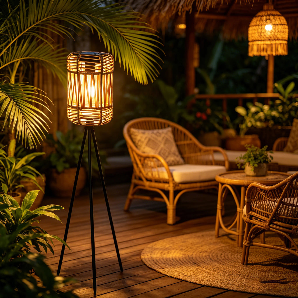Handmade Rattan Solar-Powered Floor Lamp, No External Power Required, Suitable for Outdoor Patios, Garden Decoration, Trail Landscaping, and Holiday Atmosphere Setup