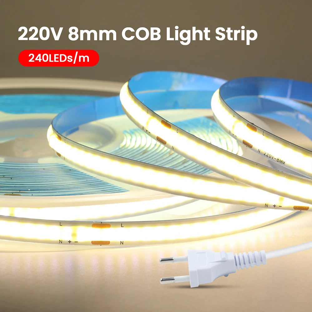 COB LED Strip Light Power Kit 220V 110V AC 3000K 4000K 6000K 2pin 240LEDs/m with IC Driver IP20 8mm PCB Dimmable Linear Lighting