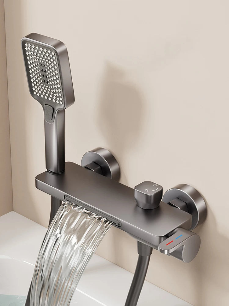 Bathroom Waterfall Bathtub Faucet With Hand-held Shower Head Wall Mounted Hot and Cold Mixer Tap Shower Set Single Handle