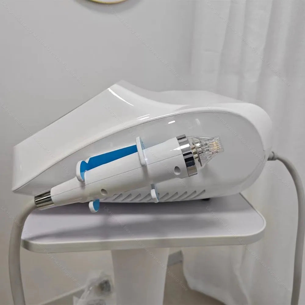 Portable white RF microneedle skin tightening machine with handheld probe for anti-wrinkle and face lifting treatments.