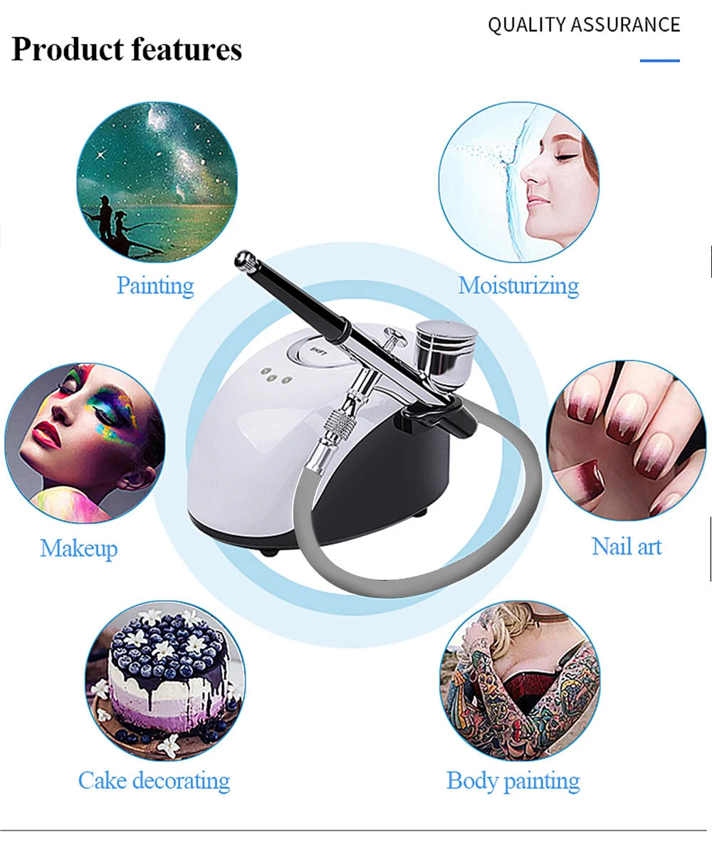White and black airbrush compressor unit with a silver metal spray gun and hose, surrounded by various use-case icons.