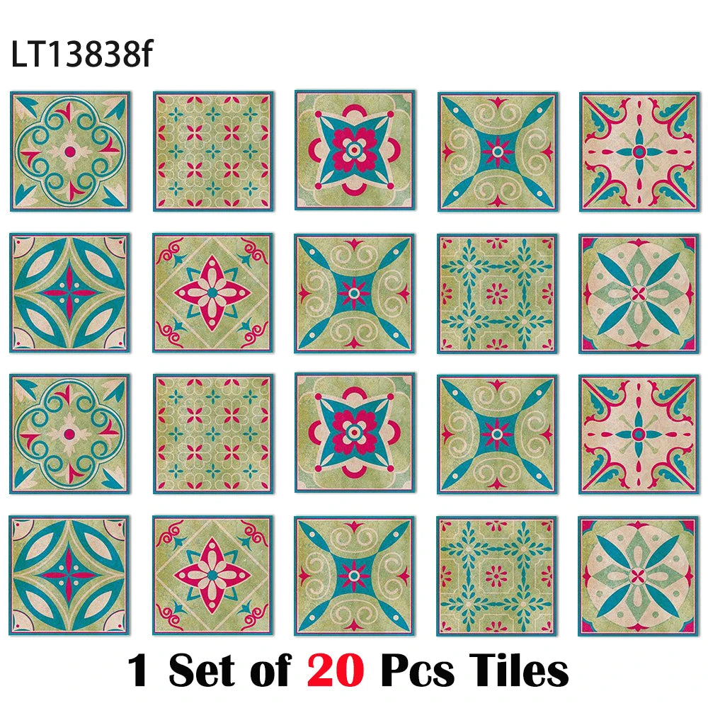 Square vintage tile wall sticker set, glossy turquoise with pink and red floral patterns