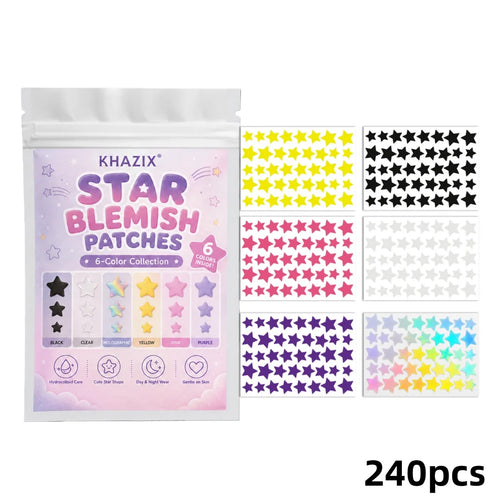 Star-shaped blemish patch set with 240 colorful star stickers on sheets and pouch