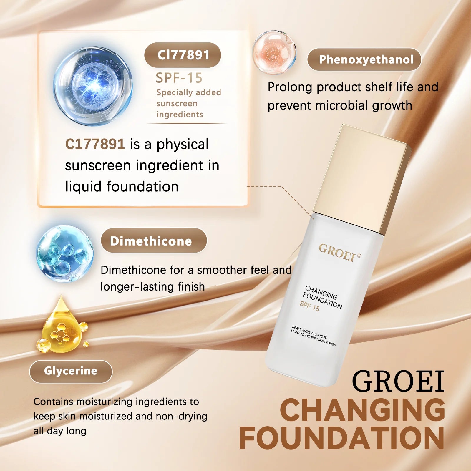 Tidesmit color changing foundation texture close-up for hydrating oil-control waterproof longwearing face makeup