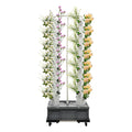 Hydroponic growing tower with white vertical columns and dark base tank on wheels