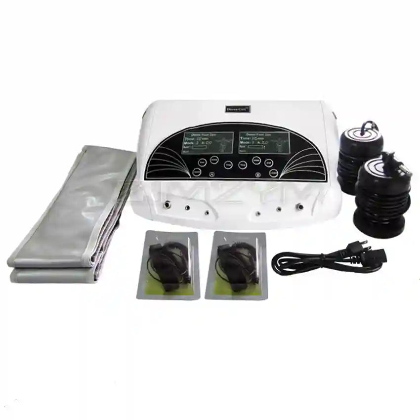 Dual ionic detox foot spa machine with LCD control panel, two ion arrays, far infrared heating belts, and power cable.