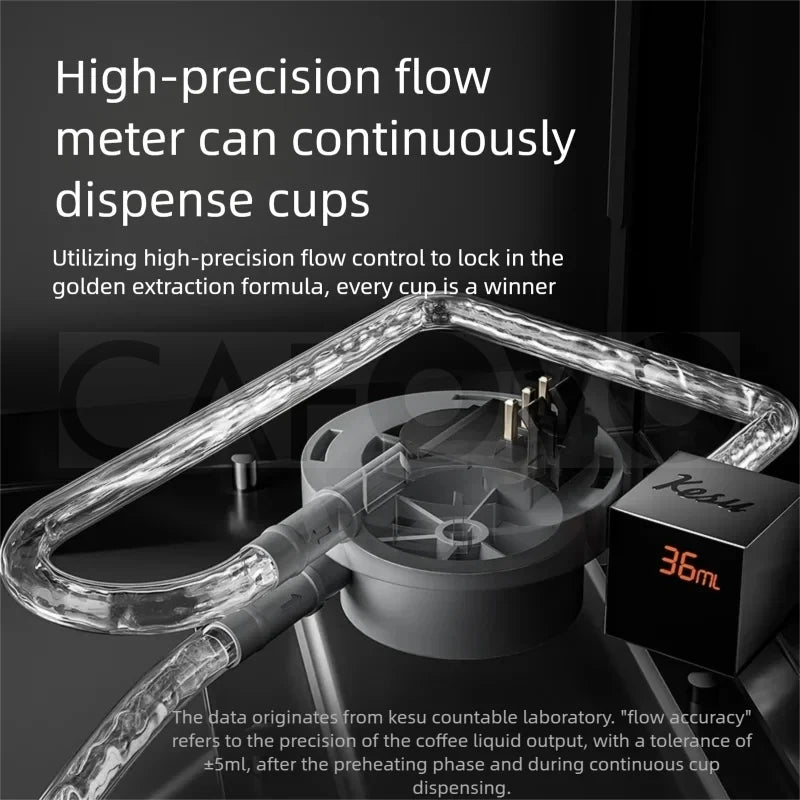 Kesu coffee maker high-precision flow meter system with clear piping and digital 36ml output display for extraction.