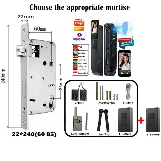 6068,5572,6072,6085 Mortise Lock Tuya Wifi App Camera Smart Digital Lock With Fingerprint Face Key Card Rfid