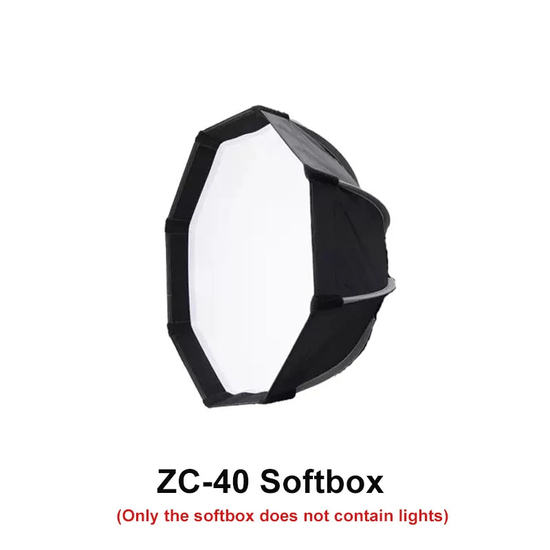 Octagonal ZC-40 softbox with a black fabric exterior and white front diffusion panel for photography lighting.