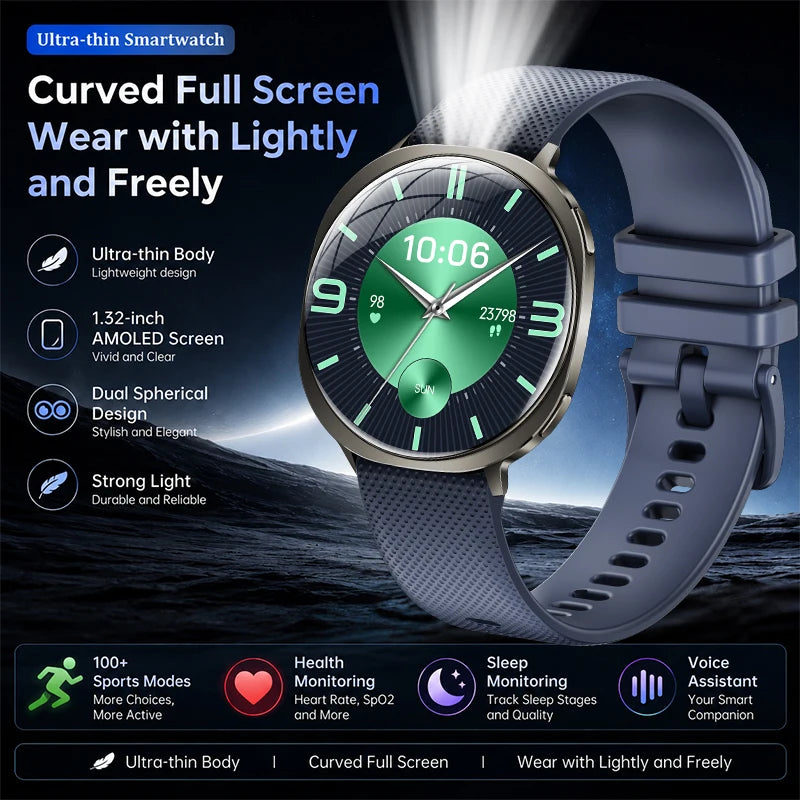 Round smartwatch with green display and light gray silicone perforated strap showing 10:06