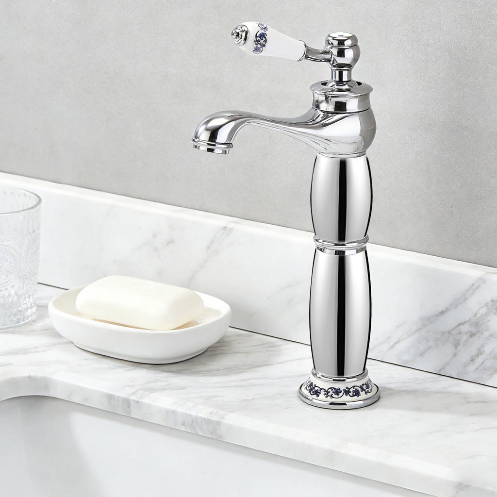 Solid Brass Silver Single-Handle Bathroom Faucet, Chrome-Plated Modern Deck Mount Basin Tap, 0.5-0.7MPa High-Pressure Cold/Hot Water Mixer