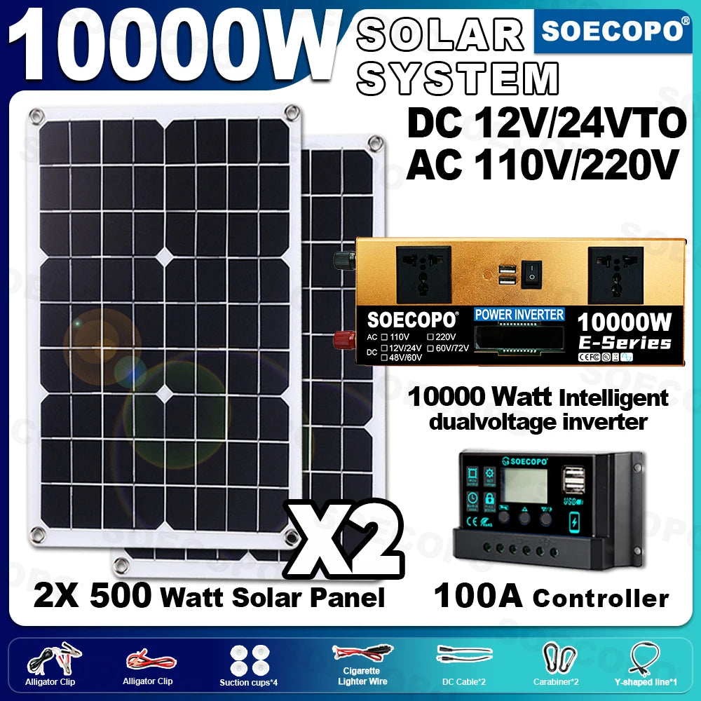 SOECOPO 10000W Solar Power Full Kit DC 12V - AC 110V 220V Inverter 100A Controller 2*600W Panels for Home System Camping