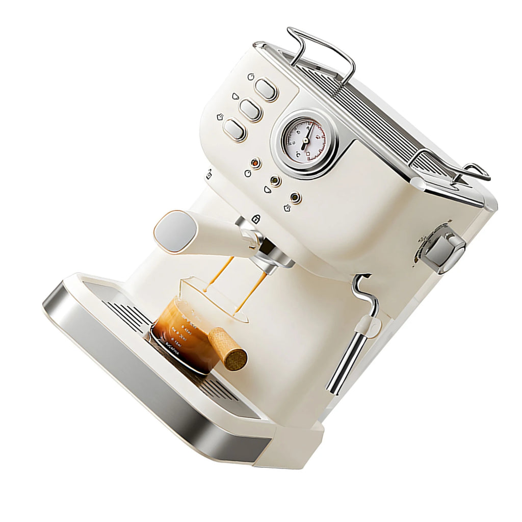 Cream-colored vintage-style espresso machine with pressure gauge, chrome accents, and portafilter pulling a shot.