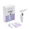 White portable neck massager with silver curved head, charging cable, product manual, and branded retail box.