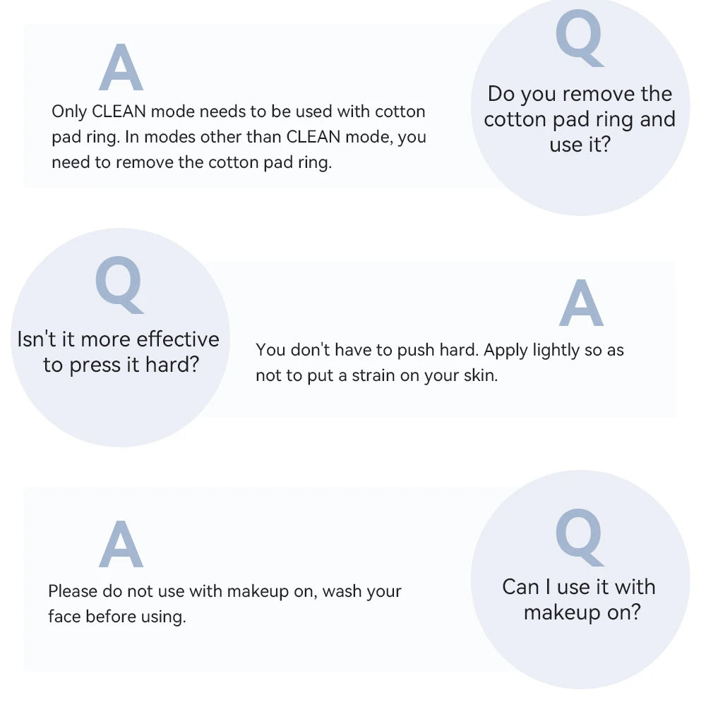 FAQ graphic for ANLAN EMS Facial Massager Pro explaining cotton pad use, pressure intensity, and makeup removal tips.