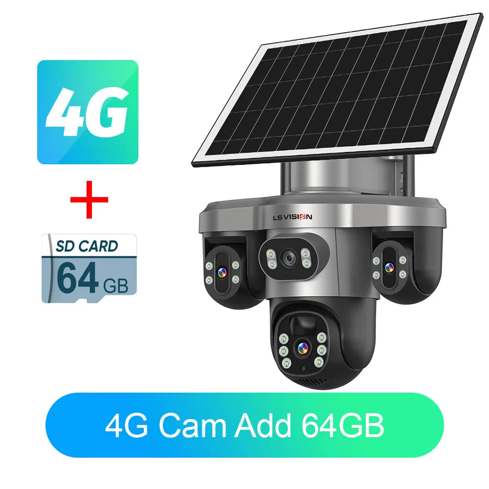 Outdoor solar security camera with solar panel, three lenses, 4G, 64GB SD included