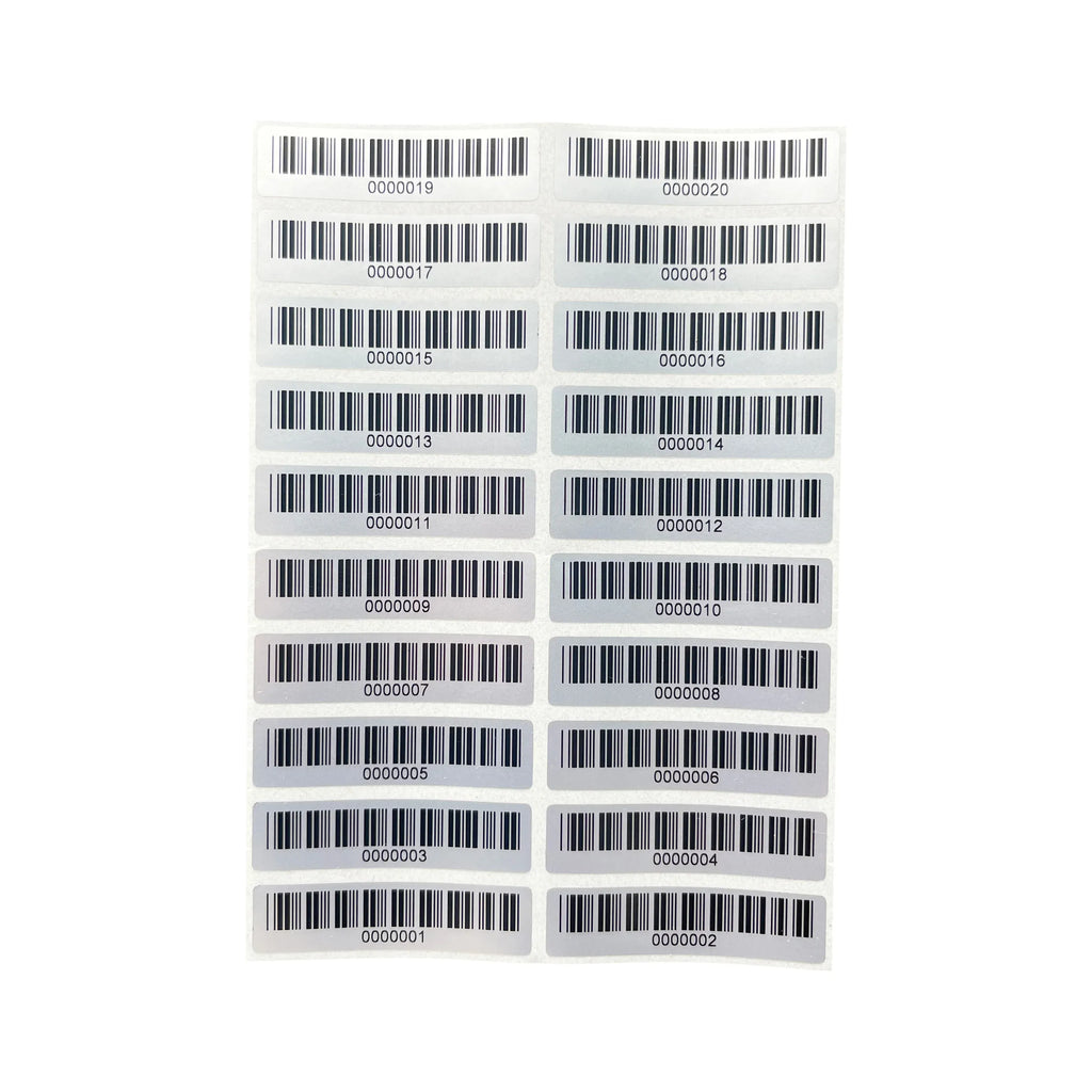 Matte silver PET barcode asset labels sheet with 2-column grid of rectangular labels