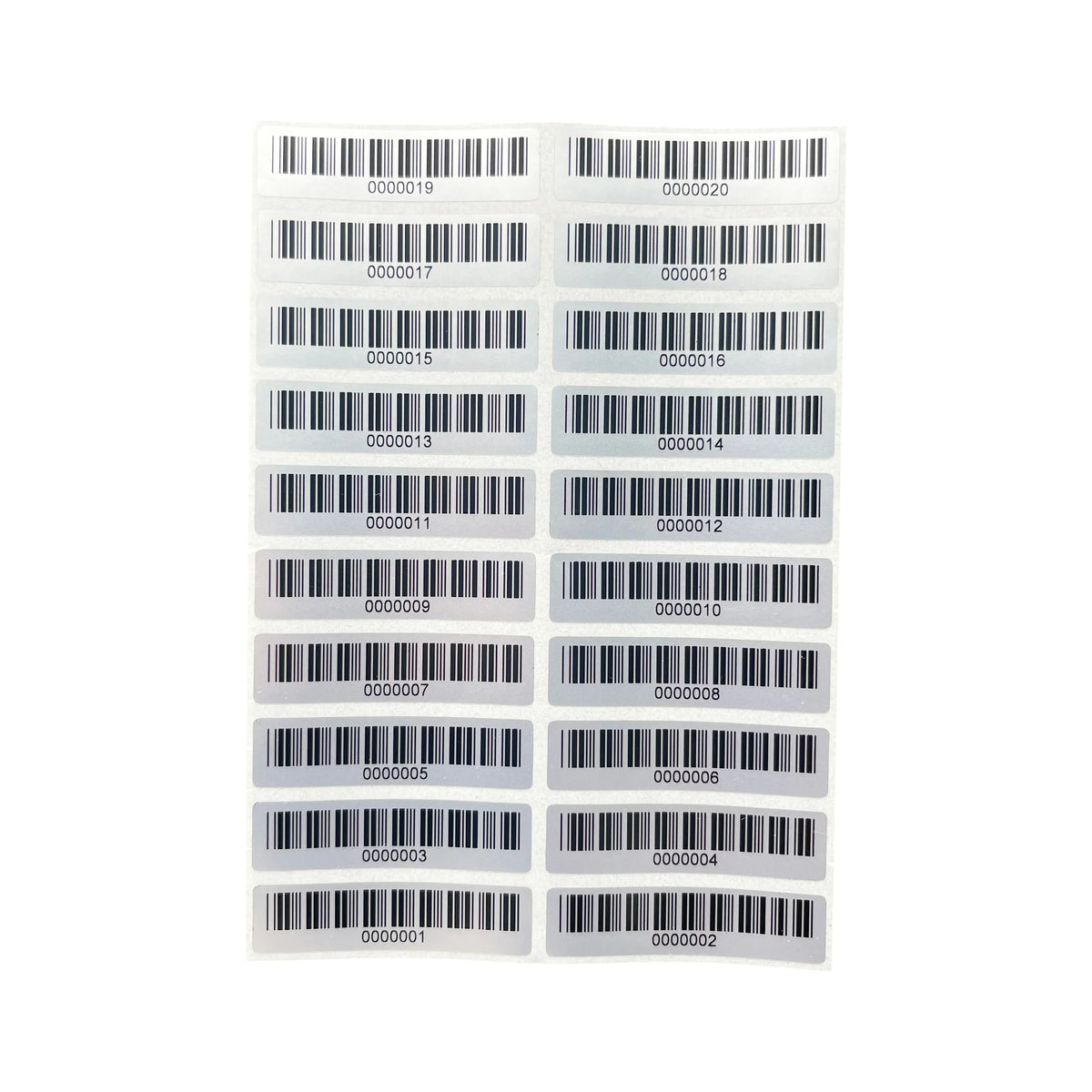 Matte silver PET barcode asset labels sheet with 2-column grid of rectangular labels