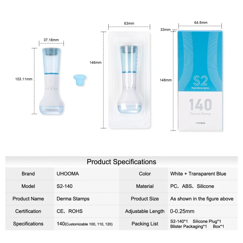 S2 140-pin Hydra Derma Stamp with serum container for hair regrowth and facial skincare in white and blue design.