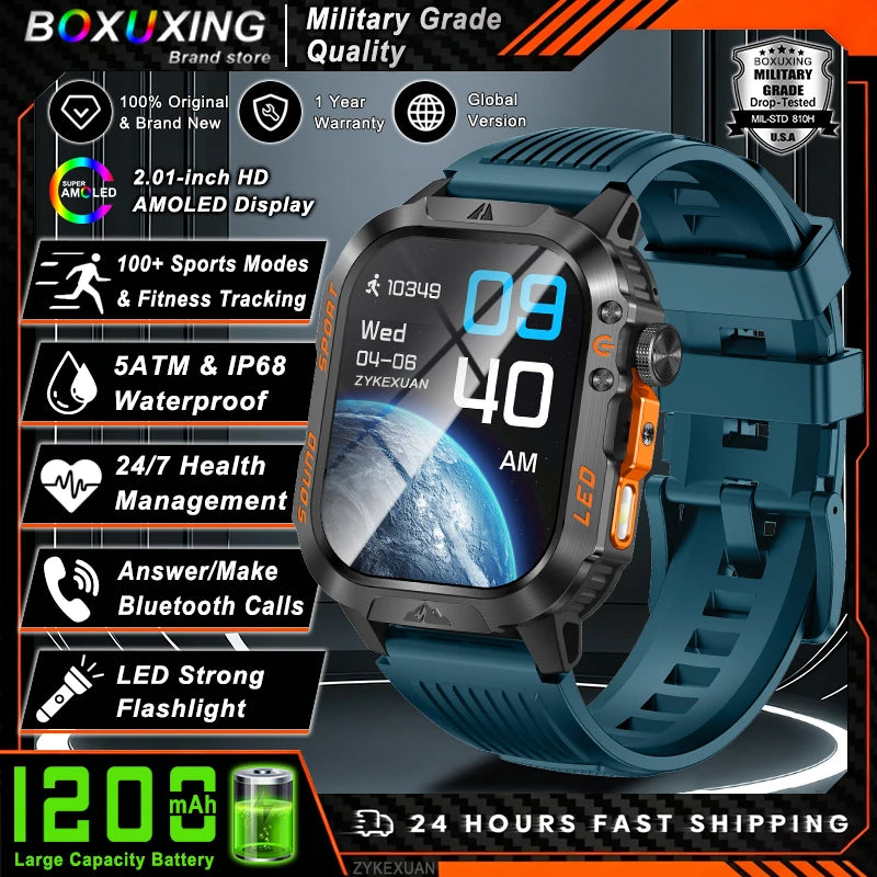 New Military Grade 1200mAh Battery Smartwatch Men 5ATM Waterproof Sports Tracker Flashlight Heart Rate AMOLED Screen Smart Watch