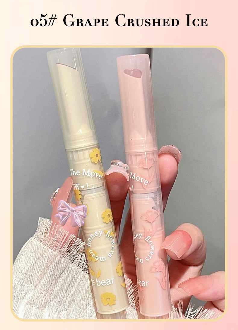 Gege Bear Floral Whisper lipstick, 05 Grape Crushed Ice, heart-shaped bullet, glossy jelly finish lip makeup tube.
