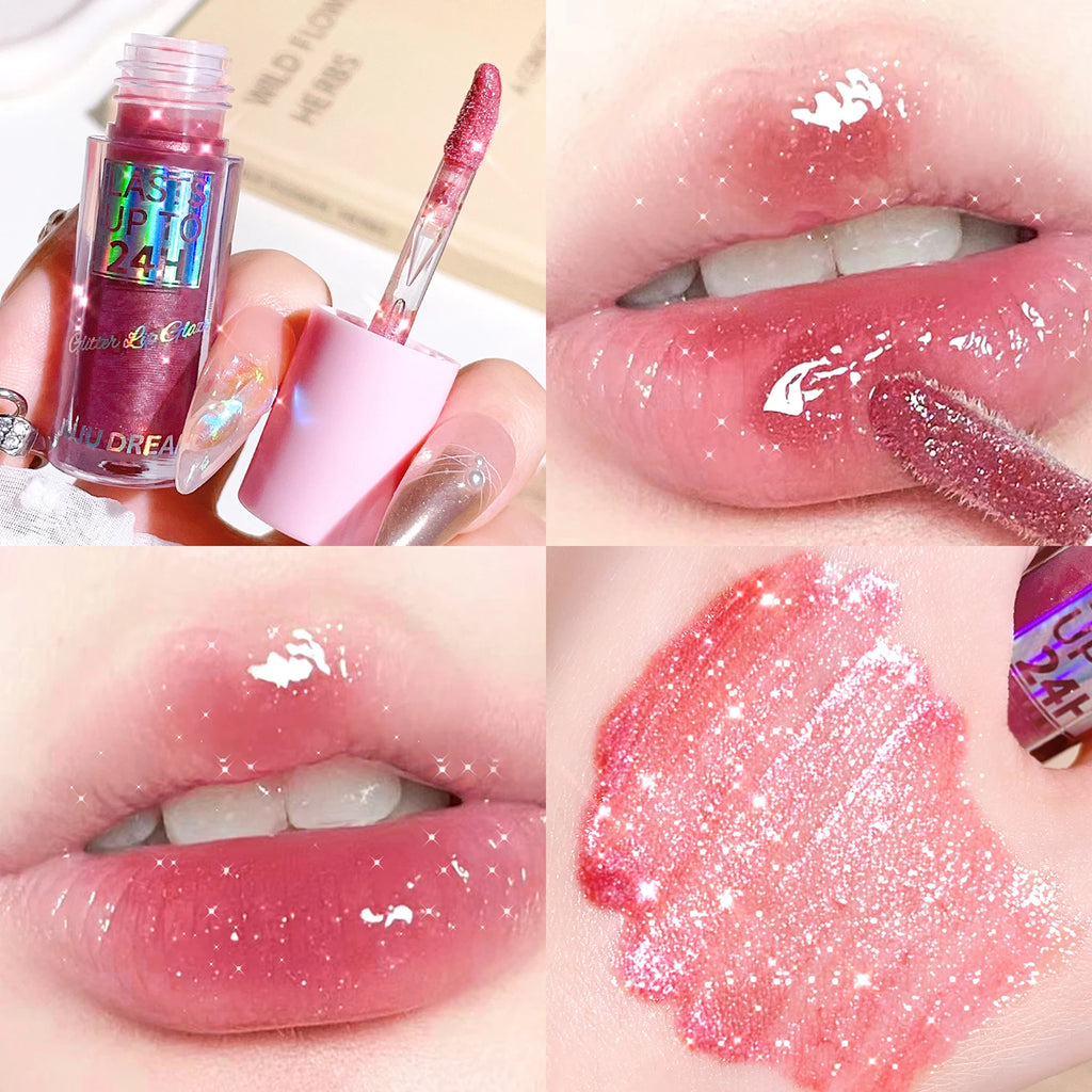 Long-lasting 24H glitter lip glaze with a glossy, waterproof finish and shimmering pigment for radiant lips.