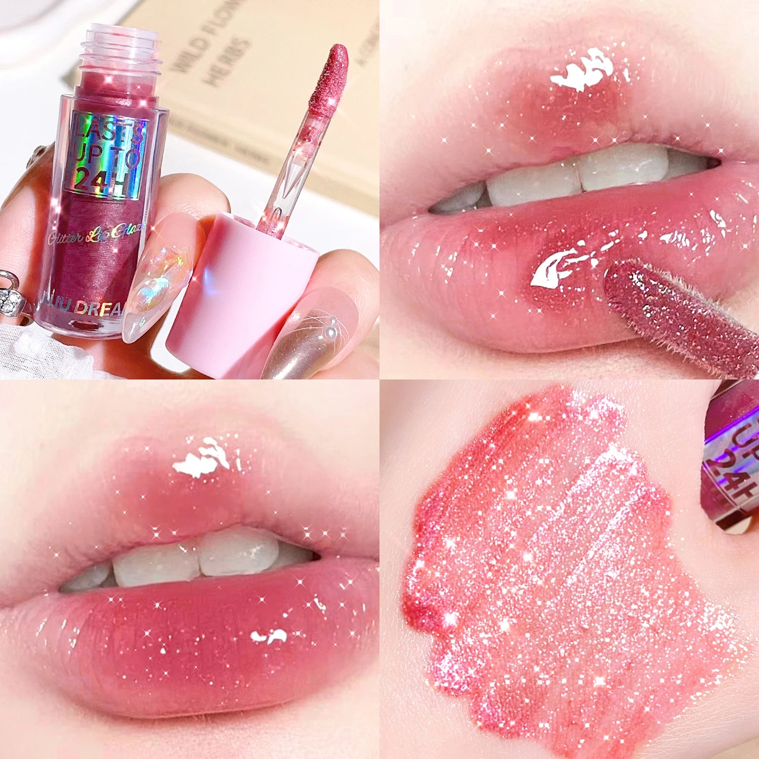 Long-lasting 24H glitter lip glaze with a glossy, waterproof finish and shimmering pigment for radiant lips.