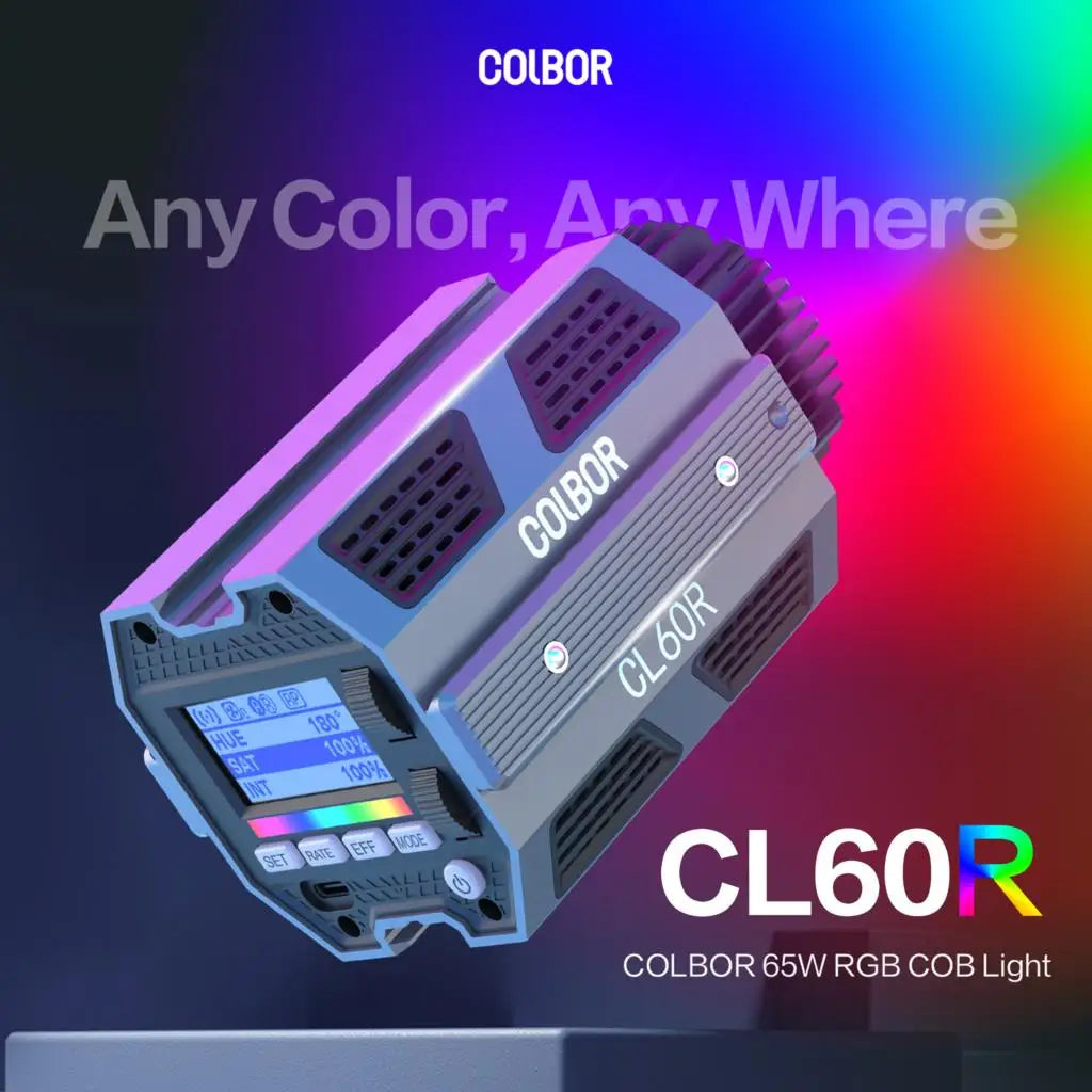 CL60R 65W RGB COB video light in gray metal housing with a side-facing digital control screen and ventilation vents.