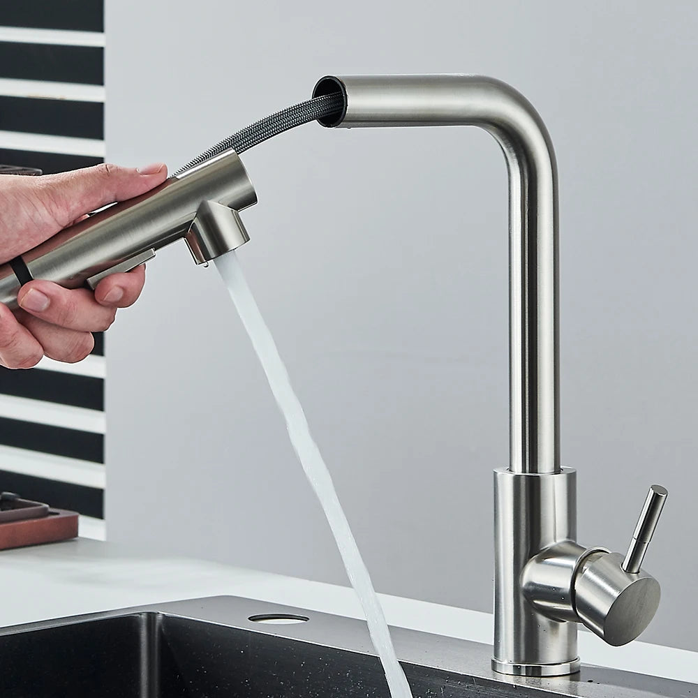 Pull Out Kitchen Sink Faucet Two Model Stream Sprayer Nozzle Stainless Steel Hot Cold Wate Mixer Tap Deck Single-hole Installation Kitchen Accessories