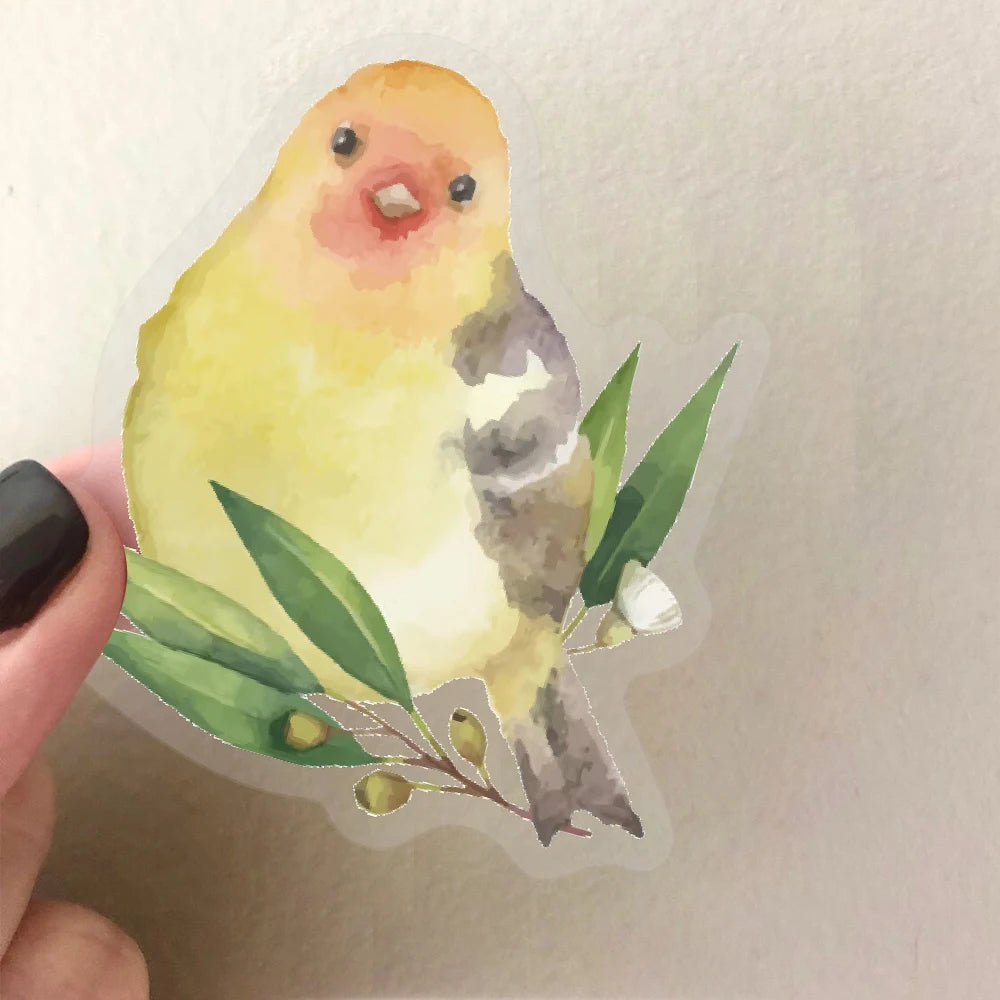 Cute yellow bird watercolor sticker on transparent PET material for aesthetic scrapbooking and DIY journal decoration.