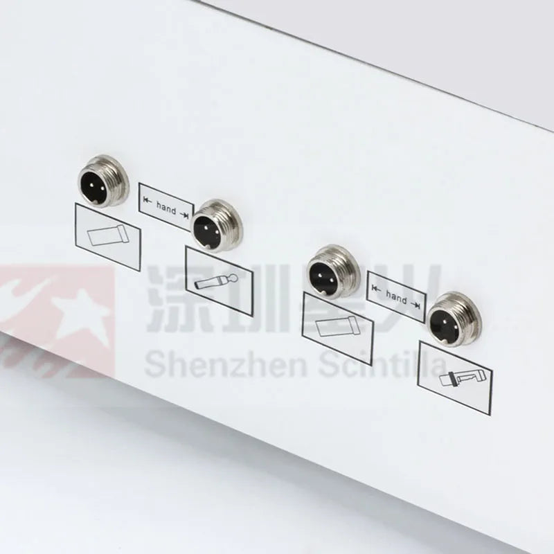 Back panel of white 7-in-1 multifunctional hydro, RF, and microcurrent facial machine with labeled handpiece ports.