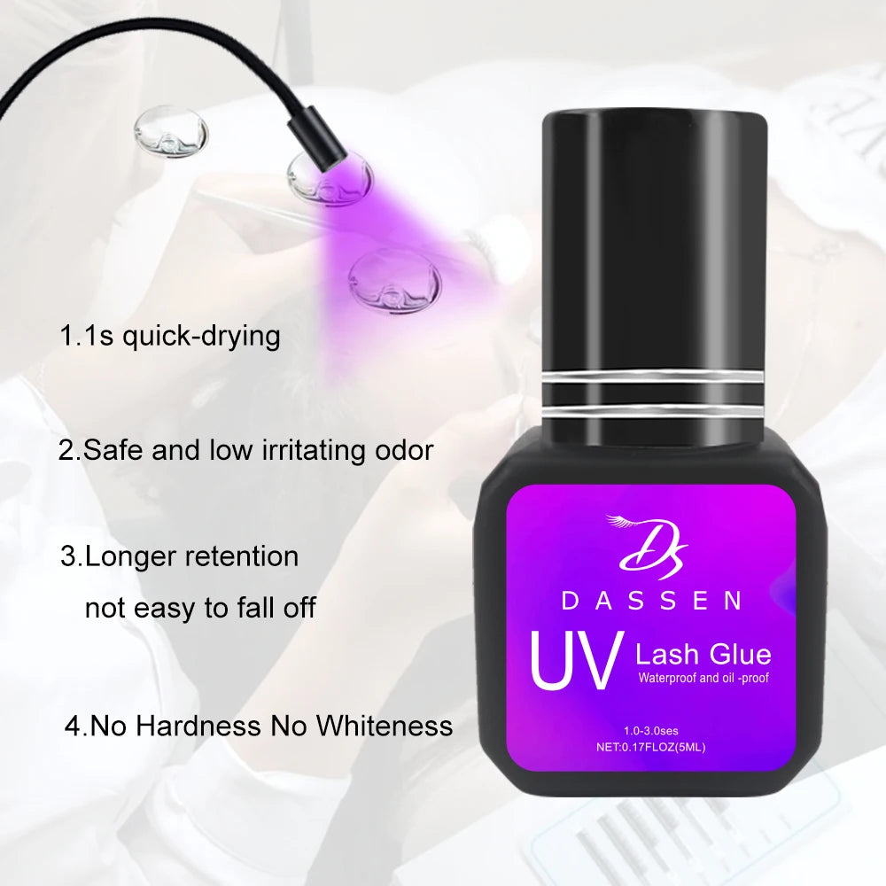 Dassen 5ml UV eyelash extension glue bottle with purple label, fast-drying, long-lasting, professional lash adhesive.
