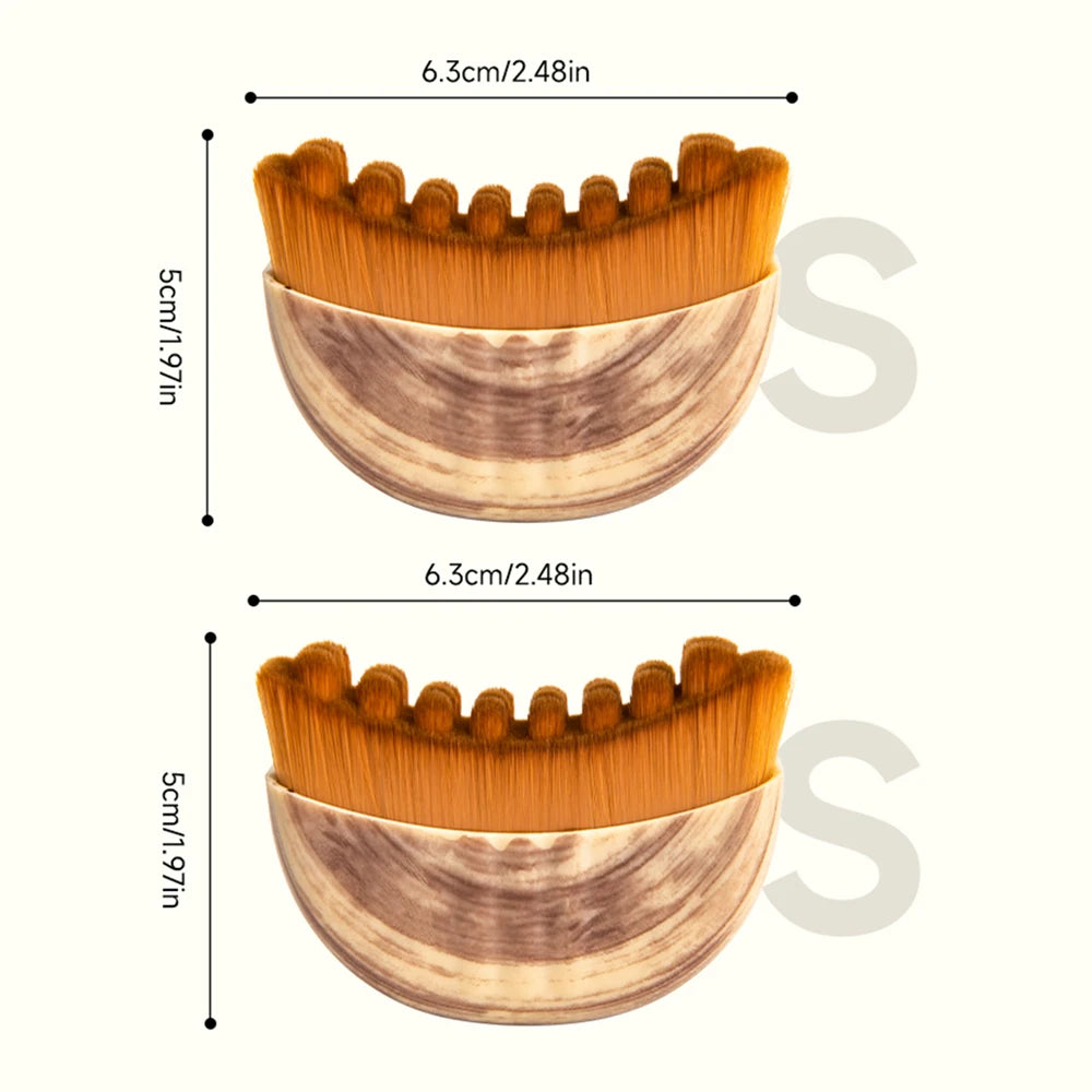 Two crescent-shaped face brushes with soft brown bristles and wood-grain handles, labeled with dimensions.