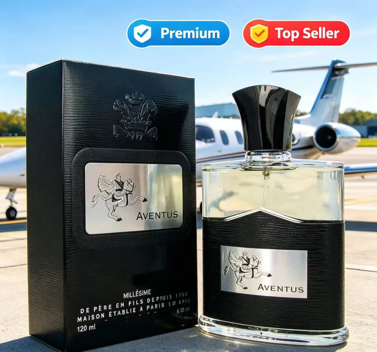 Creed Aventus 120ml men's parfum. Iconic leather-wrapped glass bottle with silver emblem. Long-lasting luxury cologne.