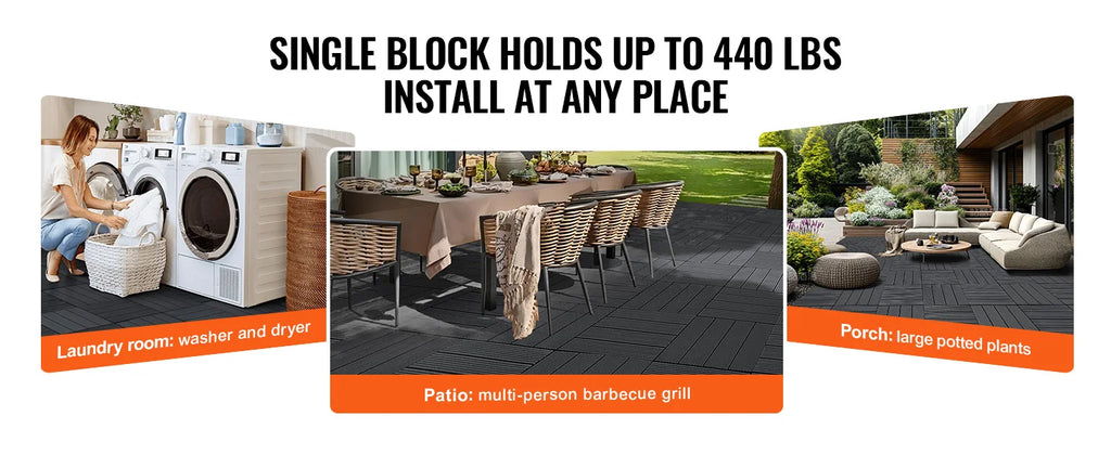 SucceBuy  Interlocking Deck Tiles Plastic Waterproof Outdoor Flooring All Weather Use Patio Floor for Porch Poolside Dark Grey